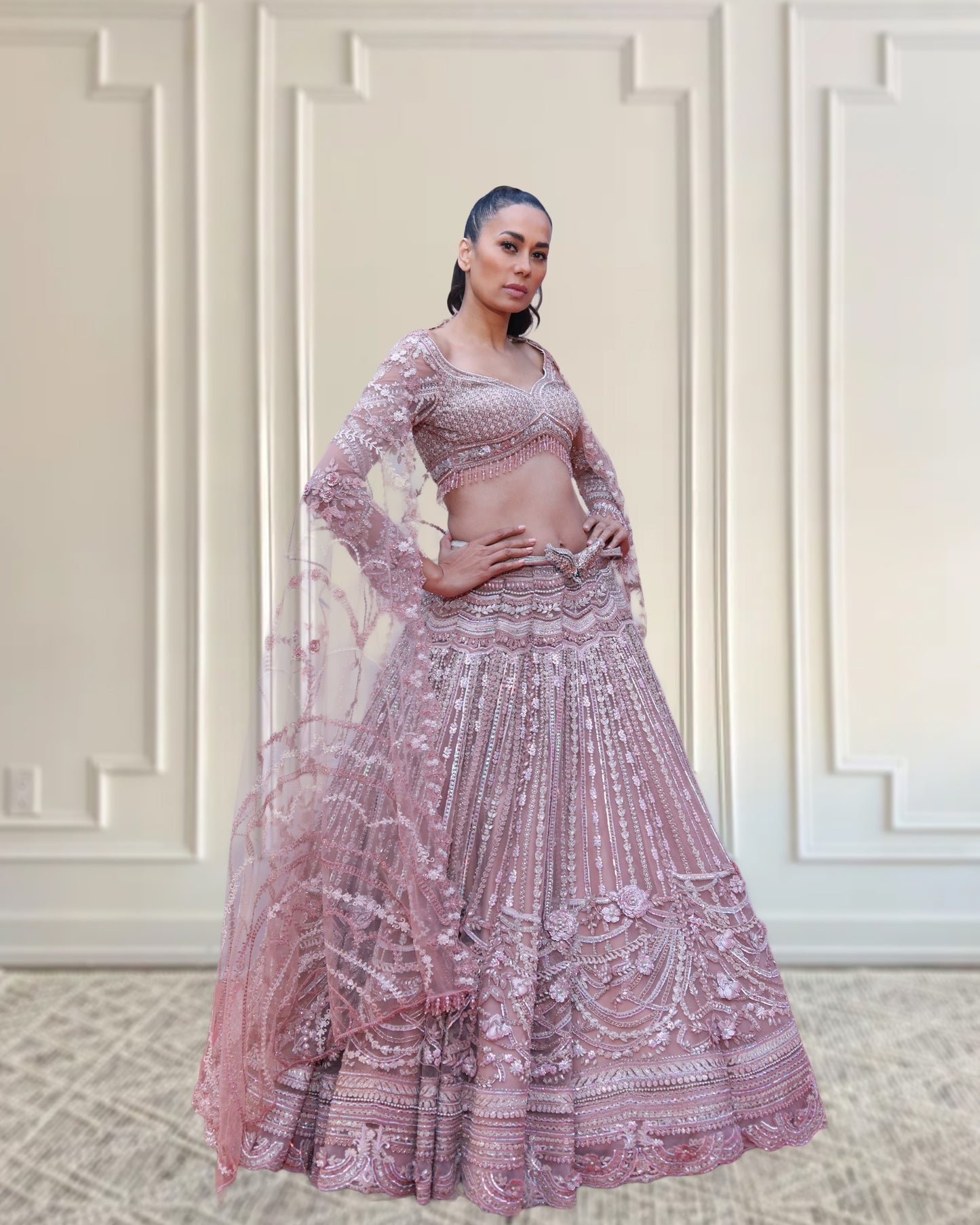 SALMON PINK FLORAL GEOMETRIC LEHENGA