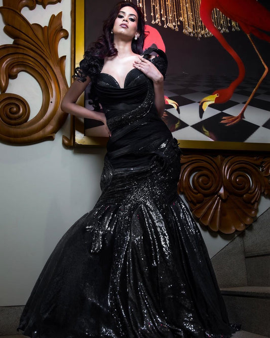 BLACK WIRE AND SEQUINED GOWN