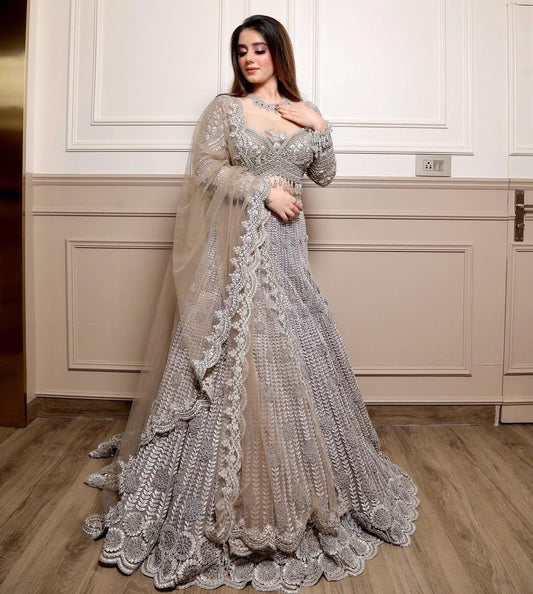 MOUSY GREY PANELLED LEHENGA