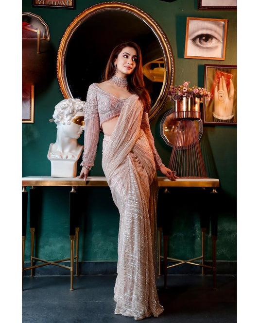 PEACHY PINK LINEAR DRAPED SAREE